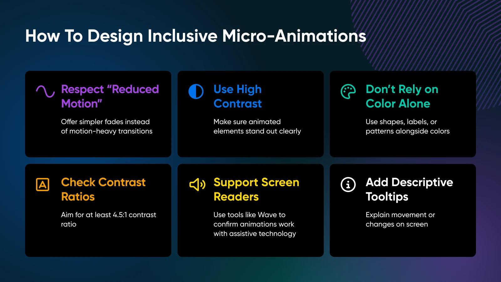 Six tips for inclusive micro-animations: Respect Reduced Motion, Use High Contrast, Don't Rely on Color, Check Contrast Ratios, Support Screen Readers, Add Descriptive Tooltips