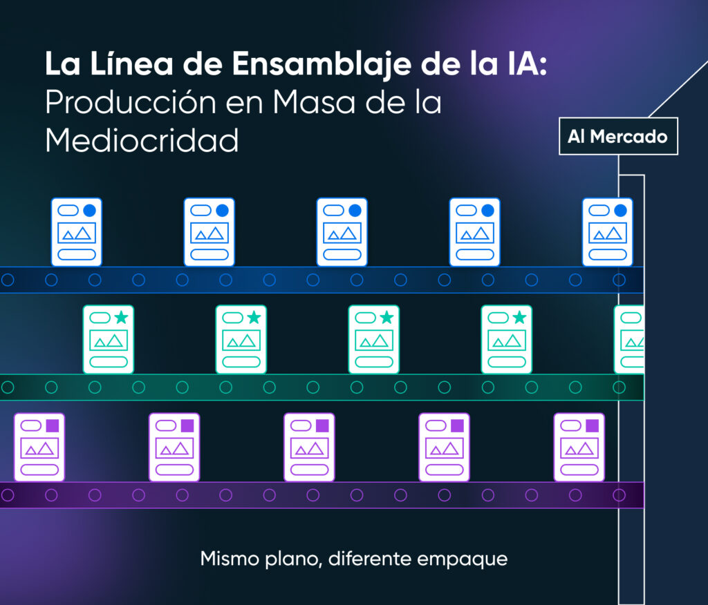 Ilustración de una línea de ensamblaje de IA con productos idénticos en diferentes colores, etiquetada como “Producción en masa de la mediocridad.”