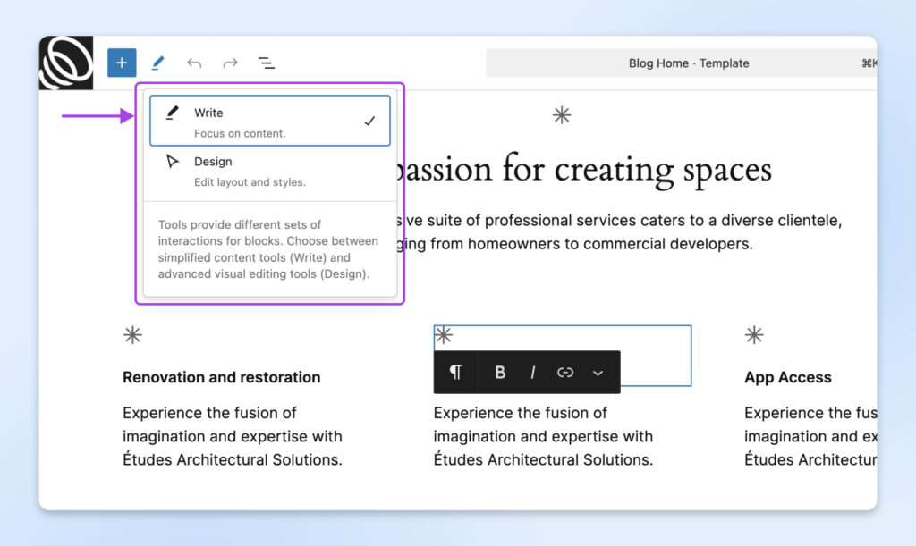 Interfaz del editor de WordPress que muestra un menú desplegable con dos modos: “Escribir” (enfocado en el contenido) y “Diseño” (editar diseño y estilos), resaltando opciones para la edición de bloques.