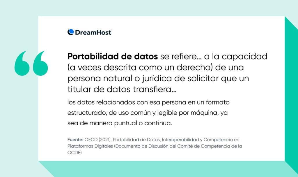 Definición de portabilidad de datos de la OCDE, que destaca el derecho de los individuos a solicitar que un titular de datos transfiera su información en un formato estructurado y legible.