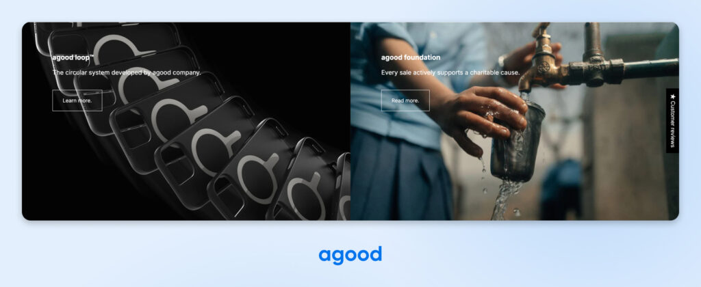 Imagen dividida para una buena empresa que muestra su sistema de productos circulares a la izquierda y su iniciativa benéfica de agua a la derecha.