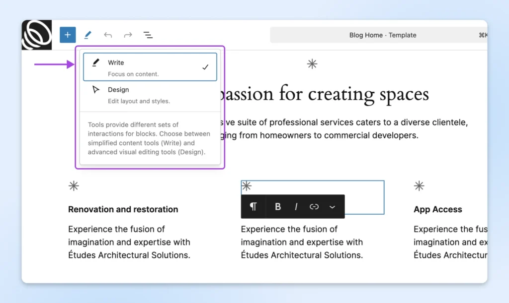 WordPress editor interface showing a dropdown menu with two modes: “Write” (focus on content) and “Design” (edit layout and styles), highlighting options for block editing.