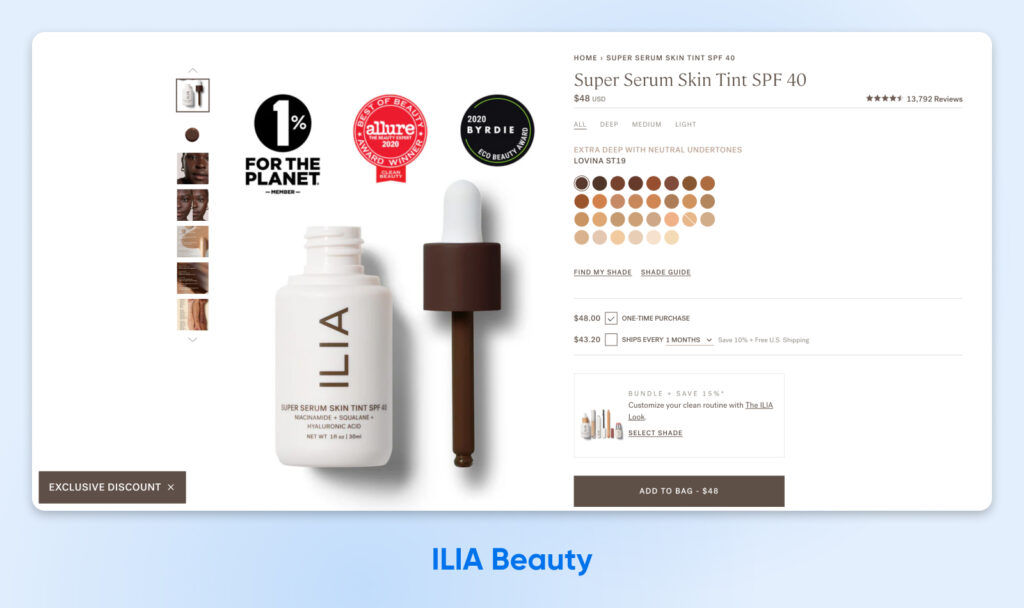 ChatGPT said: Página de producto del ILIA Super Serum Skin Tint SPF 40 que muestra las opciones de tonos, premios recibidos, ahorros por suscripción y certificaciones ecológicas.