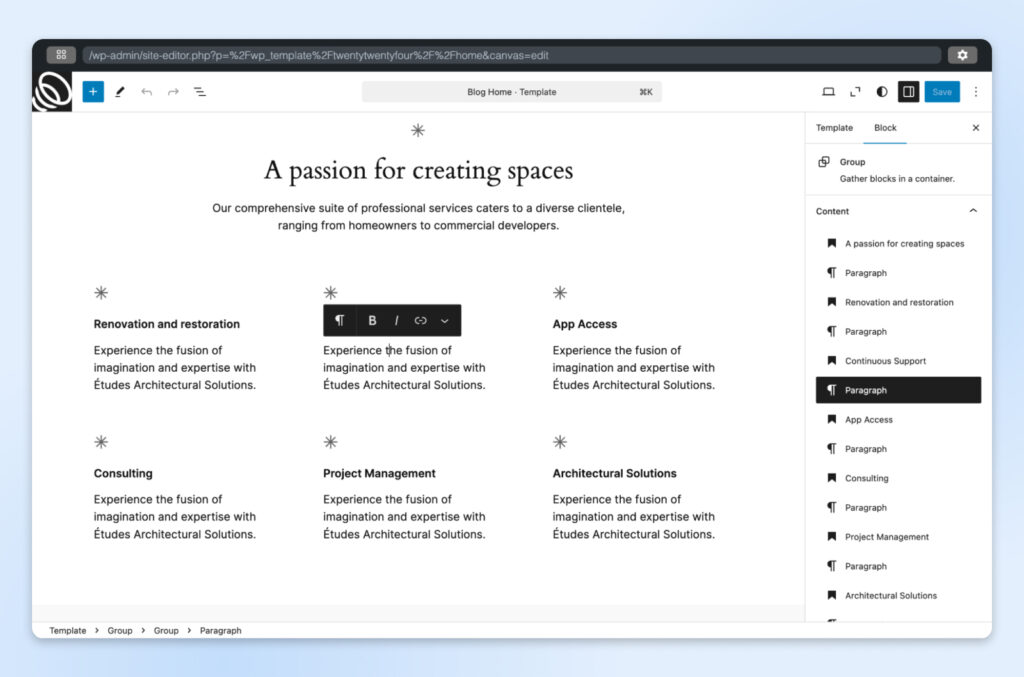 Editor de WordPress que muestra una página titulada "Una pasión por crear espacios" con seis bloques de servicios.
