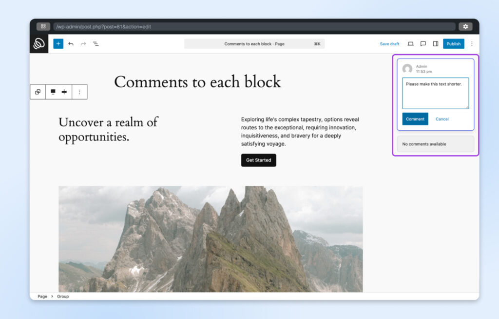 Panel de comentarios en el editor de WordPress que muestra una nota para acortar el texto de la barra lateral en una página con el encabezado “Comentarios en cada bloque” y una imagen de montaña.
