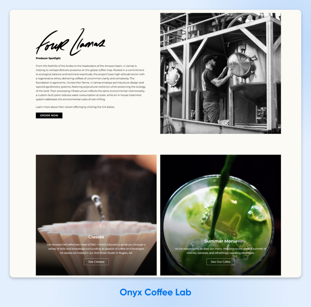 Enfoque en el productor de café Four Llamas, destacando prácticas sostenibles, junto con imágenes promocionales de clases y un menú de verano de temporada.