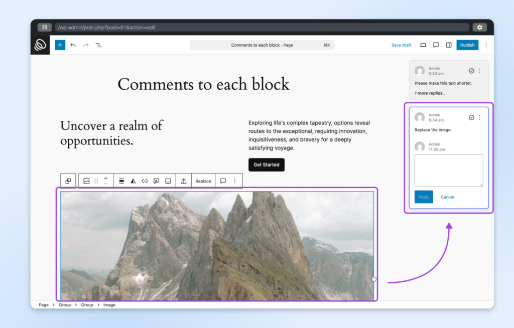 Editor de WordPress con un borrador de página abierto. Un comentario en la barra lateral dice “Reemplazar la imagen”, en referencia a la foto de montaña debajo del bloque de texto.