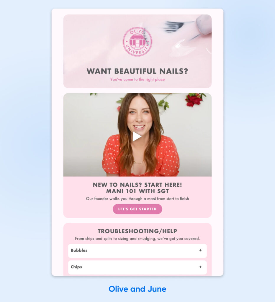 ChatGPT said: Página de tutoriales de Olive and June con un video introductorio sobre el cuidado de las uñas, una guía Mani 101 y consejos para resolver problemas comunes de uñas.
