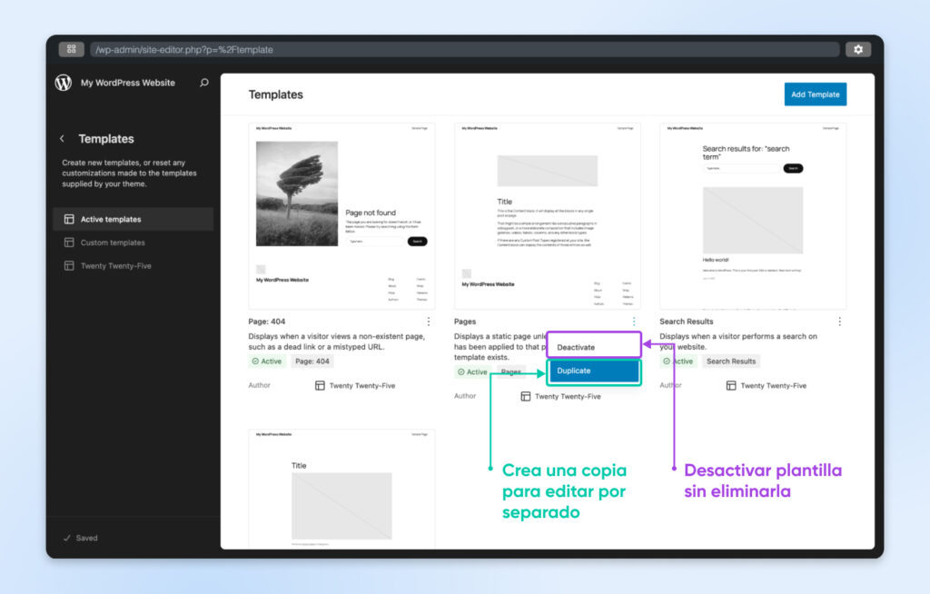 Pantalla de plantillas de WordPress que muestra opciones para duplicar una plantilla para editarla por separado o desactivarla sin eliminarla.