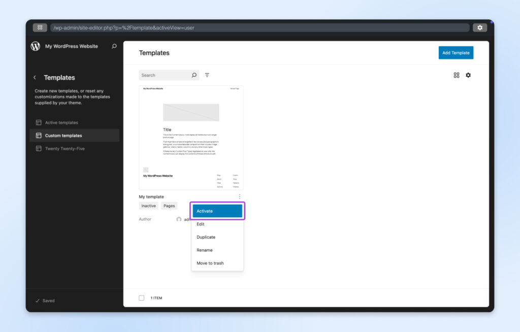 Pantalla de “Plantillas” del editor de WordPress que muestra una plantilla personalizada con el menú contextual abierto. La opción “Activar” está resaltada.