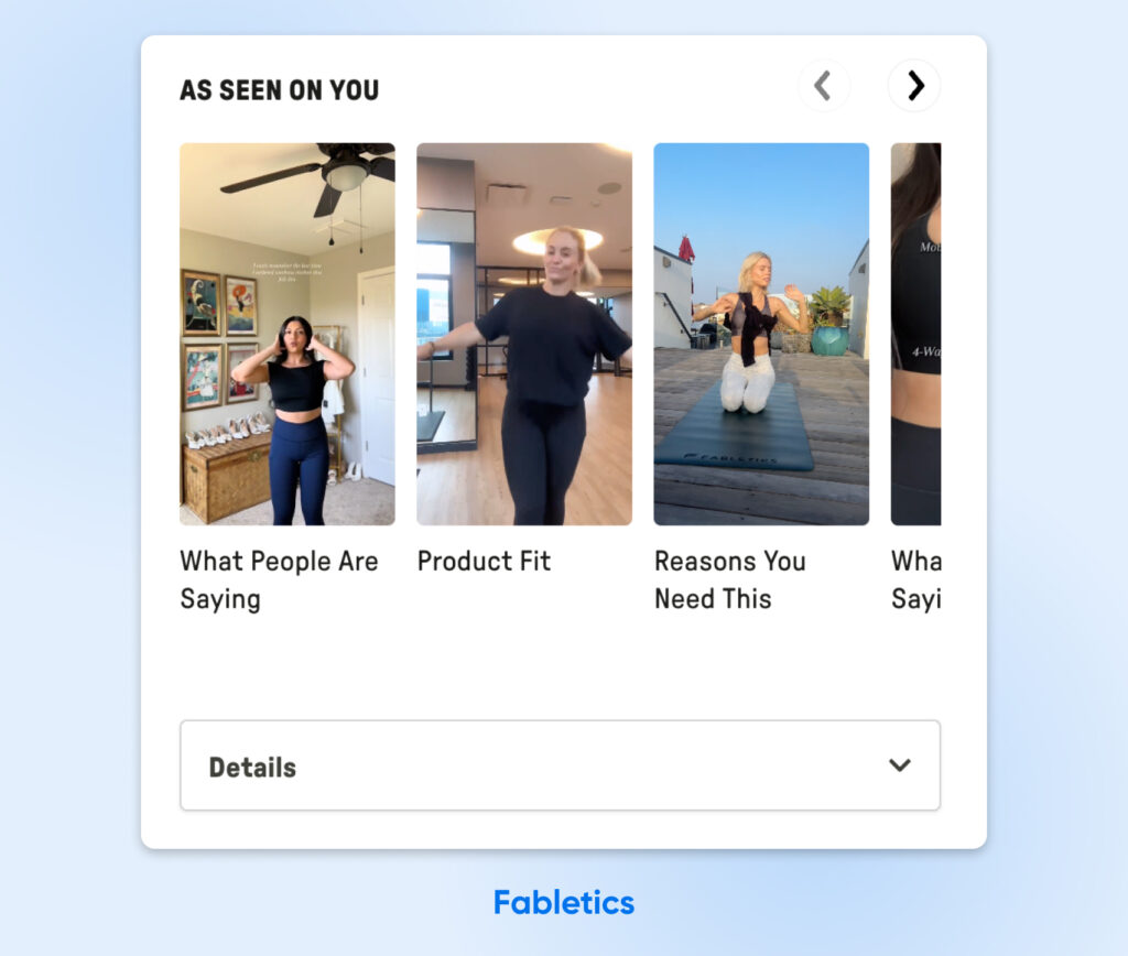 Carrusel de productos de Fabletics que muestra videos generados por usuarios destacando reseñas, ajuste y uso del producto en situaciones cotidianas.