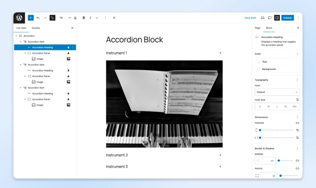 A WordPress editor screen shows an accordion block with panels for three instruments and an expanded panel displaying a piano image.