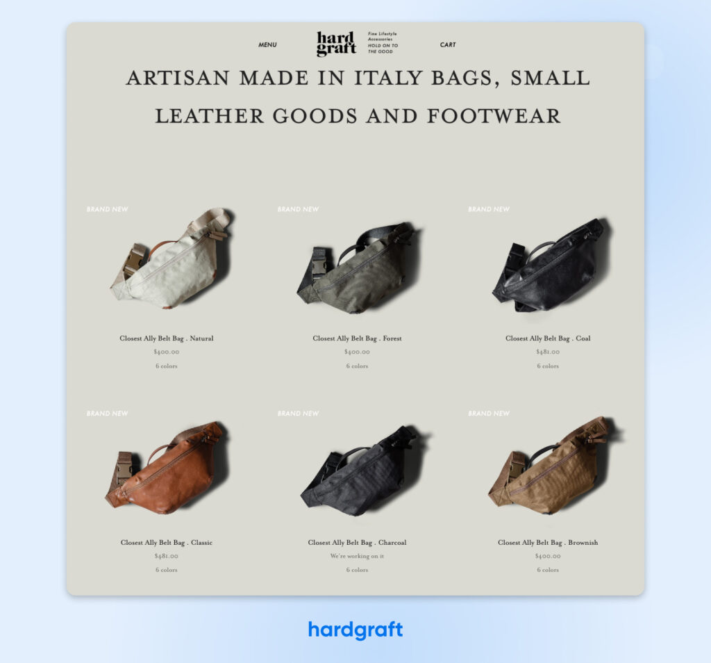 ChatGPT said: Este es un grid de productos de hardgraft que muestra su bolso de cinturón Closest Ally en varios colores: minimalista, de alta calidad y fabricado en Italia.