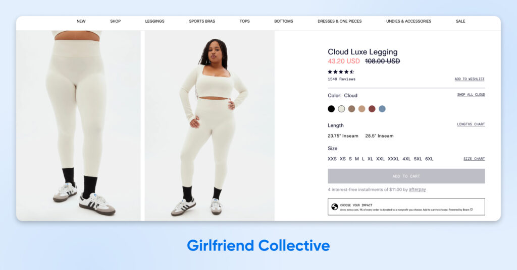 ChatGPT said: Modelo usando leggings ajustados de talle alto en color marfil, con crop top de manga larga a juego y zapatillas; página de producto de Girlfriend Collective que muestra el precio en oferta, opciones de color y tallas disponibles.