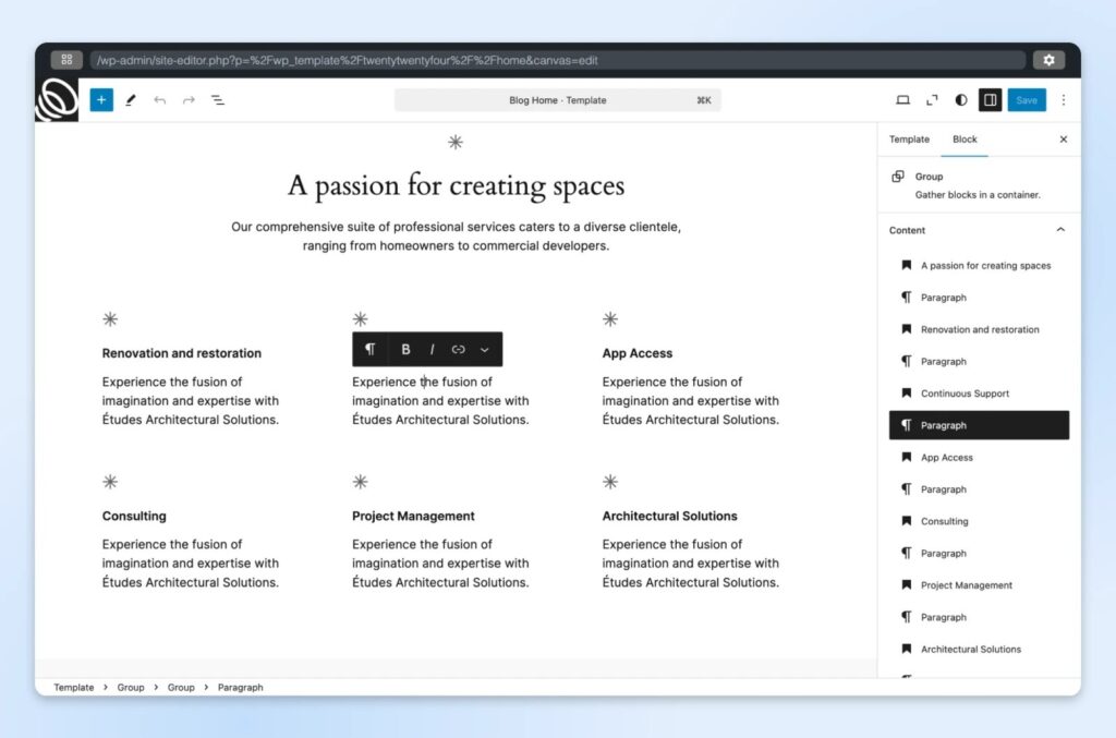 WordPress editor showing a page titled "A passion for creating spaces" with six service blocks.