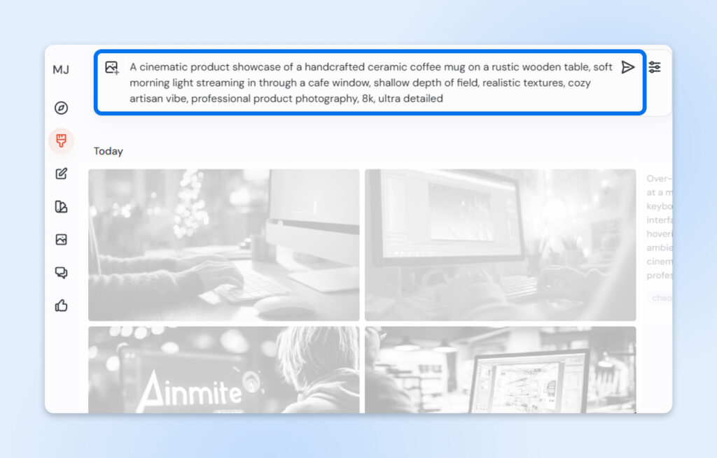 Caja de entrada de texto en Midjourney resaltada en la parte superior de la interfaz, mostrando dónde los usuarios escriben sus indicaciones (prompts).