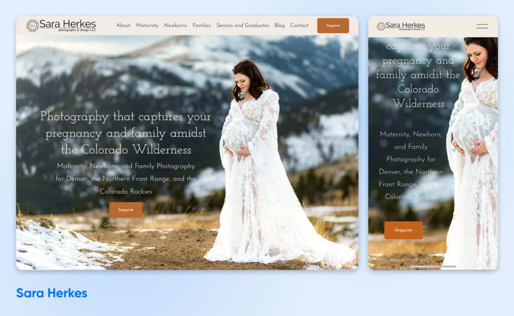 Captura de pantalla del sitio web de Sara Herkes Photography que muestra servicios de fotografía de maternidad en Colorado, con diseños para escritorio y móvil.