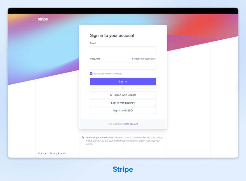 Pantalla de inicio de sesión de Stripe con campos para correo electrónico y contraseña, además de opciones para iniciar sesión con Google, clave de acceso o SSO.