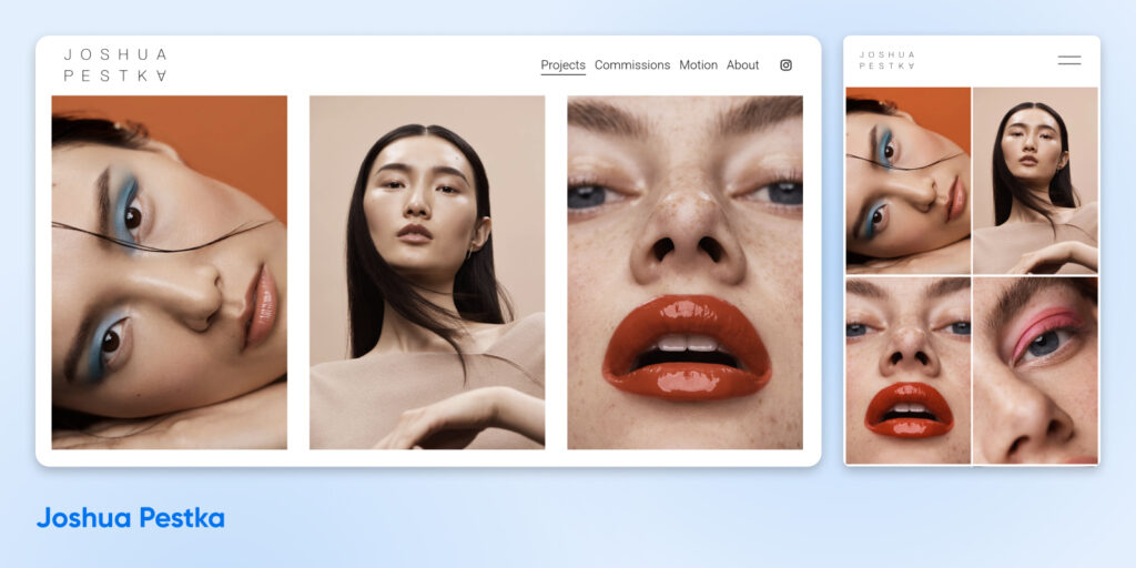 Captura de pantalla del sitio web del portafolio fotográfico de Joshua Pestka que muestra retratos de moda en primer plano, presentados en diseños para escritorio y móvil.