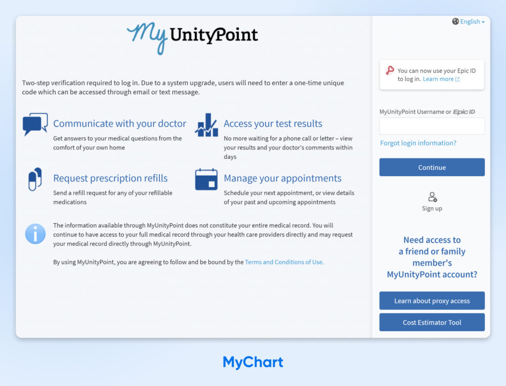 Pantalla de inicio de sesión de MyUnityPoint con opciones para enviar mensajes a los médicos, ver resultados de pruebas, solicitar resurtidos y gestionar citas.