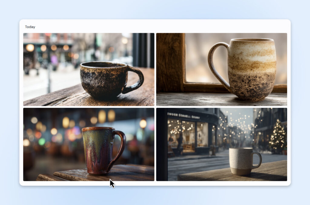 Cursor haciendo clic en la taza de café inferior izquierda para seleccionarla en una cuadrícula de cuatro imágenes de Midjourney.