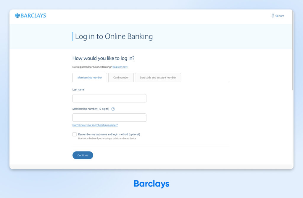 Pantalla de inicio de sesión de la banca en línea de Barclays con opciones para acceder mediante número de membresía, número de tarjeta o código de clasificación y número de cuenta.