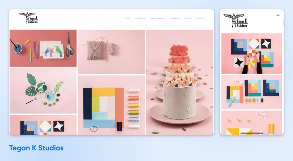 Captura de pantalla del sitio web de Tegan K Studios que muestra un portafolio colorido de proyectos creativos, incluyendo obras de arte, manualidades, acolchado y pasteles, presentado en diseños para escritorio y móvil.
