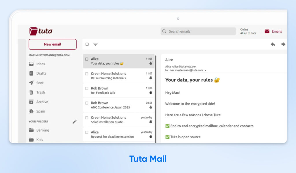 Interfaz de la bandeja de entrada de Tuta Mail que muestra las carpetas, la lista de mensajes y un correo electrónico seleccionado titulado “Tus datos, tus reglas”, que destaca las funciones de cifrado y de código abierto.