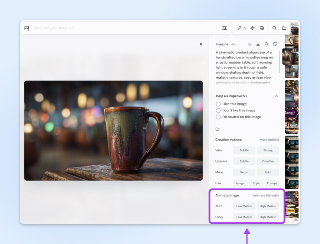 Opciones de Animar Imagen resaltadas en Midjourney, mostrando los controles de Auto y Bucle para movimiento bajo o alto.