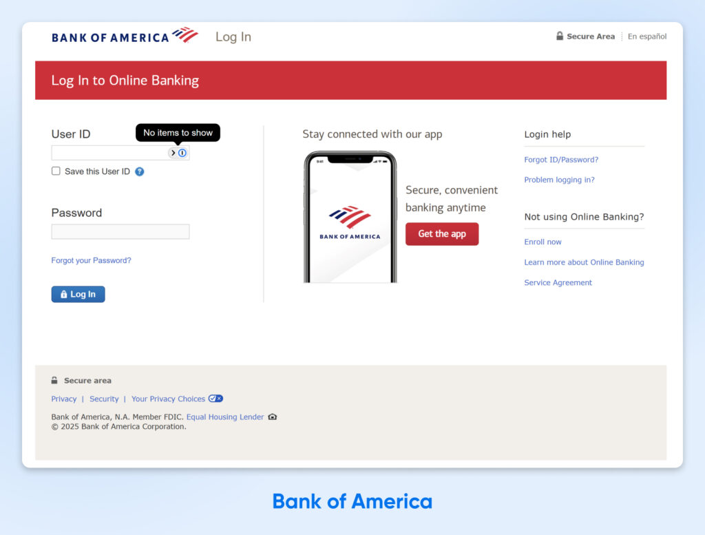 Página de inicio de sesión de la banca en línea de Bank of America con campos para ID de usuario y contraseña, además de enlaces para obtener ayuda y descargar la aplicación.