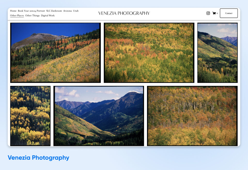 Captura de pantalla del sitio web de Venezia Photography que muestra galerías de fotografía de paisajes con coloridas escenas de montañas y bosques, presentadas en un diseño de cuadrícula.