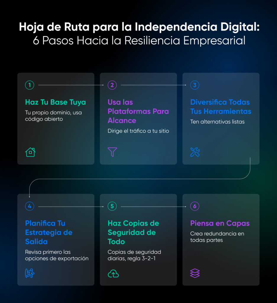 Infografía titulada “Hoja de Ruta para la Independencia Digital: 6 Pasos hacia la Resiliencia Empresarial” enumera los pasos: 1) Posee tu base, 2) Usa las plataformas para alcance, no como raíces, 3) Diversifica todas tus herramientas, 4) Planifica tu estrategia de salida, 5) Haz copia de seguridad de todo, 6) Piensa en capas.