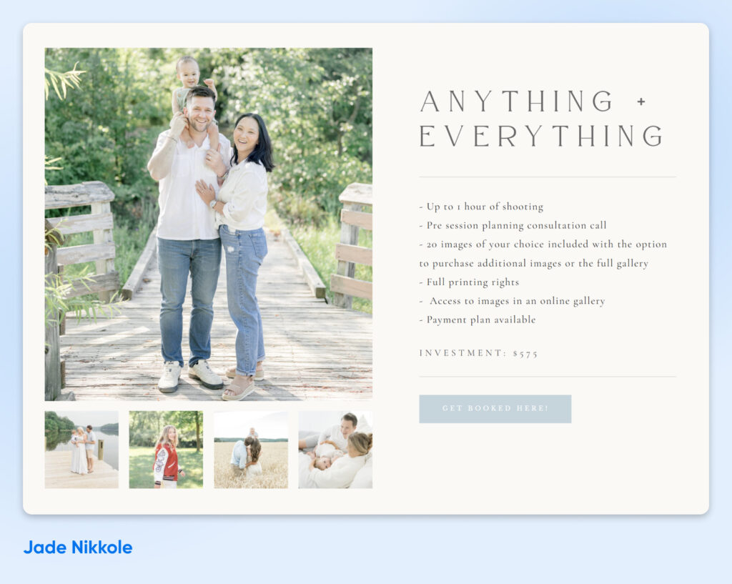 Paquete “Anything + Everything” de Ade Nikkole — sesión de 1 hora, 20 imágenes, derechos de impresión, acceso a la galería, $575.