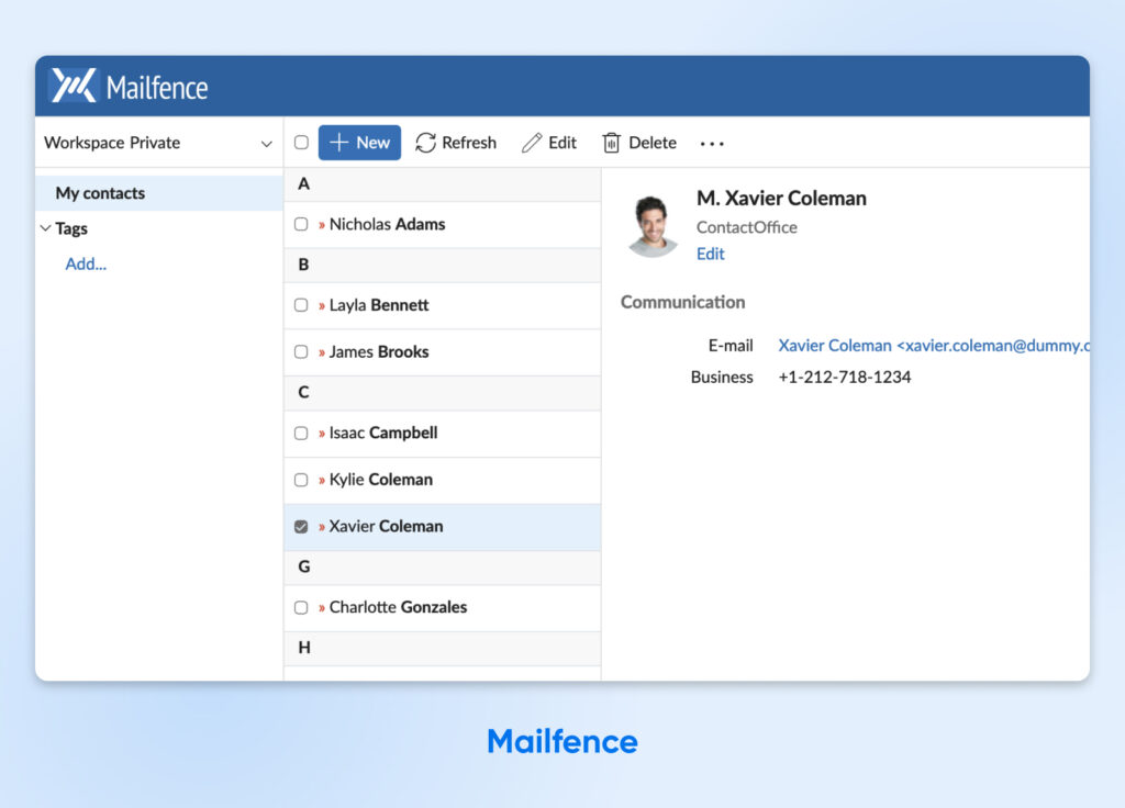 Interfaz de contactos de Mailfence que muestra un contacto seleccionado con detalles de correo electrónico y teléfono de trabajo, junto a una lista de contactos guardados.