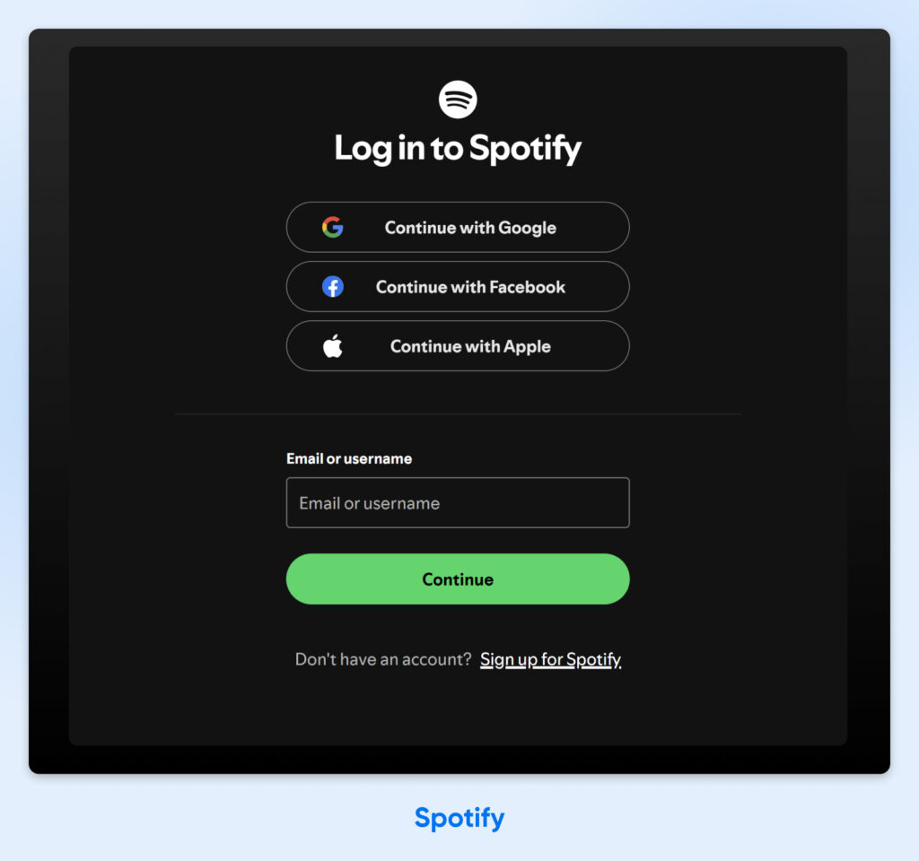 Página de inicio de sesión de Spotify con opciones para continuar con Google, Facebook o Apple, o ingresar correo electrónico o nombre de usuario para iniciar sesión.