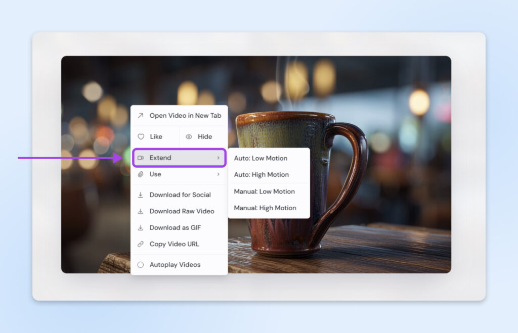 Menú desplegable con “Extend” resaltado y opciones para Auto o Manual con Movimiento Bajo/Alto.