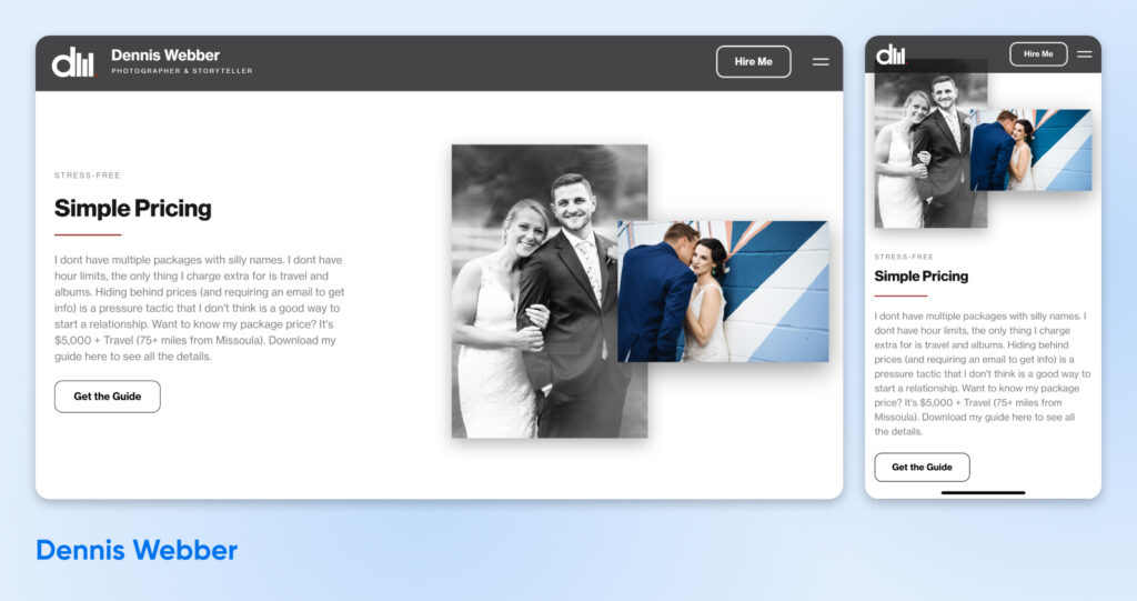 Dennis Webber “Simple Pricing” — $5,000 + gastos de viaje (a más de 75 millas de Missoula), sin límite de horas, álbumes con costo adicional.