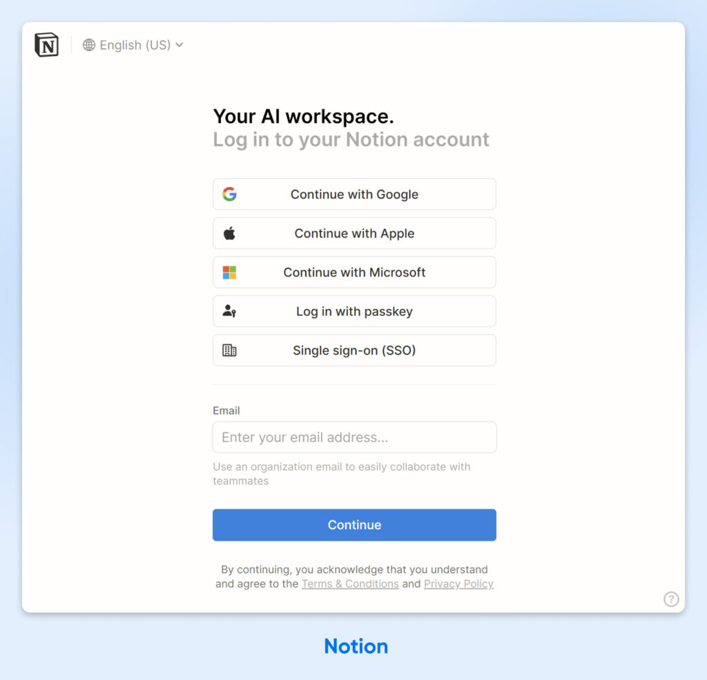 Página de inicio de sesión de Notion con opciones para continuar con Google, Apple, Microsoft, clave de acceso, SSO o ingresar el correo electrónico para iniciar sesión.