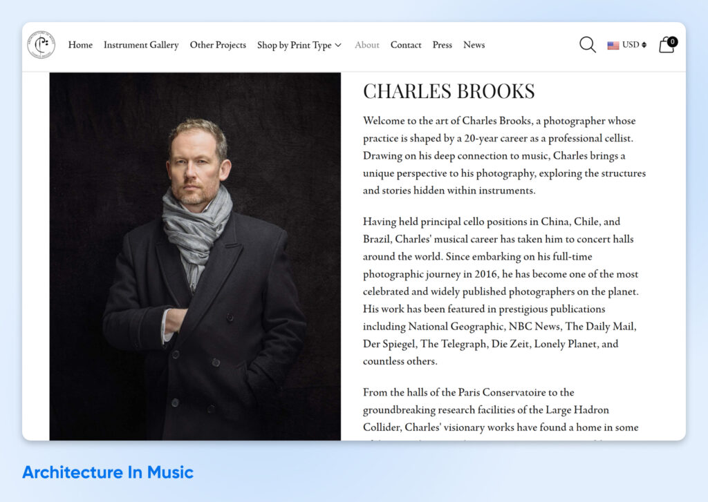 Charles Brooks — Fotógrafo con una carrera de 20 años como violonchelista, conocido por explorar las estructuras de los instrumentos. Publicado en National Geographic, NBC, The Daily Mail, Der Spiegel, The Telegraph, Die Zeit y Lonely Planet.