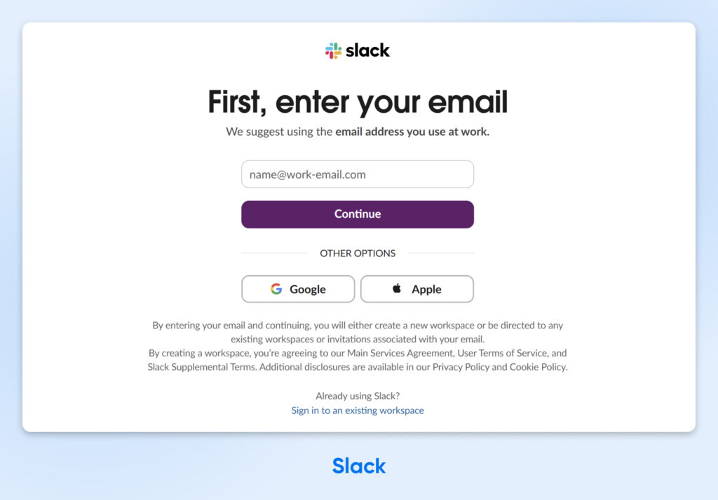 Página de inicio de sesión de Slack que solicita al usuario ingresar su correo electrónico o continuar con Google o Apple para iniciar sesión o crear un espacio de trabajo.