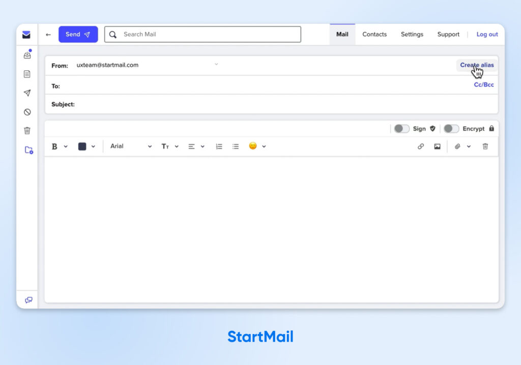 Redactor de correos de StartMail que muestra el campo “De” con la opción de alias, la línea de asunto, la barra de formato y el interruptor de cifrado.
