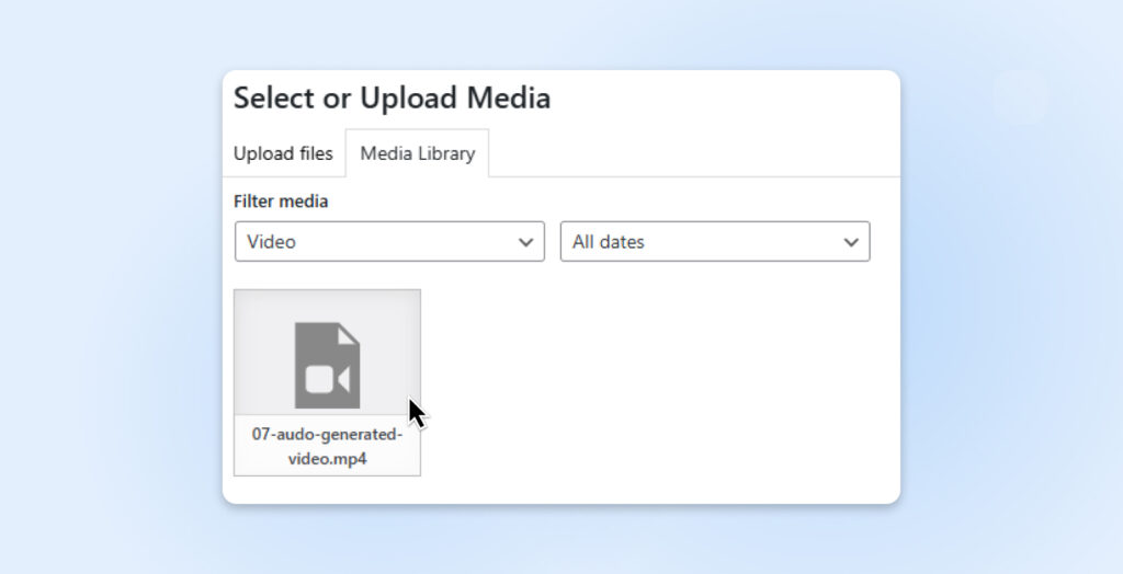 Ventana de WordPress “Seleccionar o subir medios” con un archivo de video resaltado en la Biblioteca de medios.