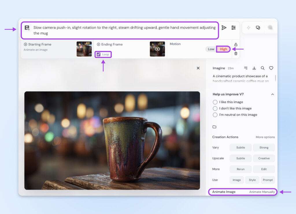 Un editor de animación de video que muestra una taza de café de cerámica sobre una mesa de madera, con luces de cafetería desenfocadas en el fondo y los ajustes de animación visibles arriba.
