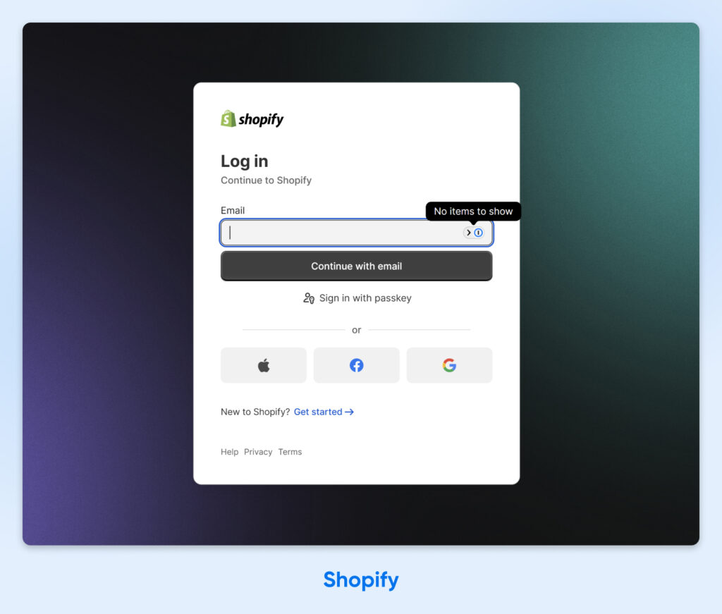 Página de inicio de sesión de Shopify con opciones para continuar con correo electrónico, clave de acceso, Apple, Facebook o Google.