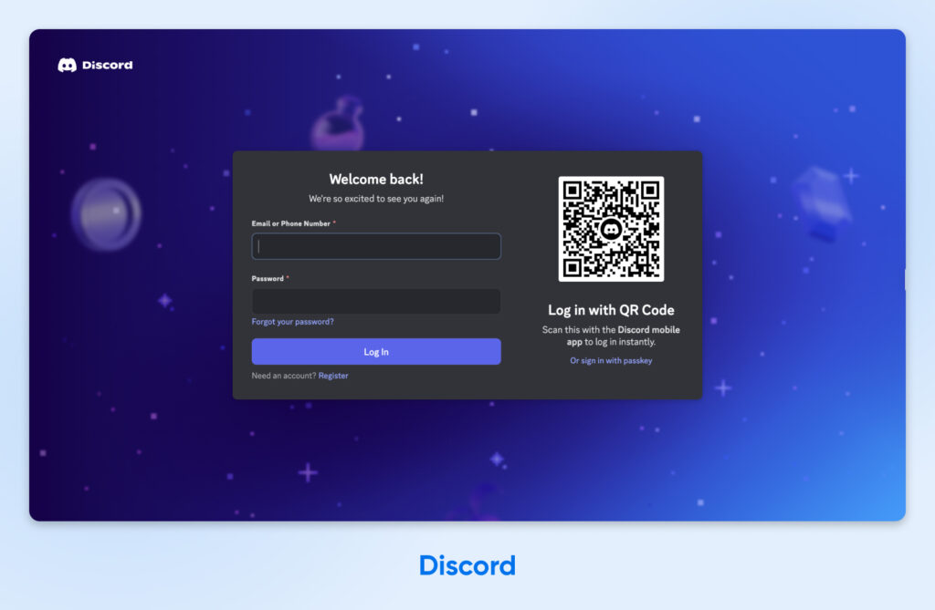 Página de inicio de sesión de Discord con campos para correo electrónico o número de teléfono, contraseña y la opción de iniciar sesión mediante código QR.