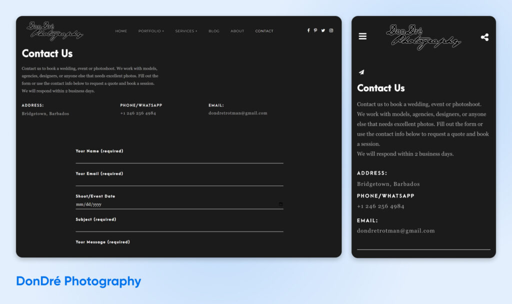 DonDré Photography — Fotógrafo radicado en Barbados que ofrece servicios de bodas, eventos y sesiones fotográficas con un enfoque moderno y centrado en el cliente.
