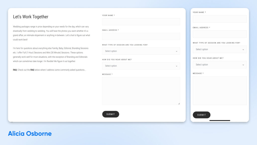 Alicia Osborne — Fotógrafa versátil que ofrece sesiones de bodas, familia, bebés, editoriales y de branding, con opciones completas o mini.