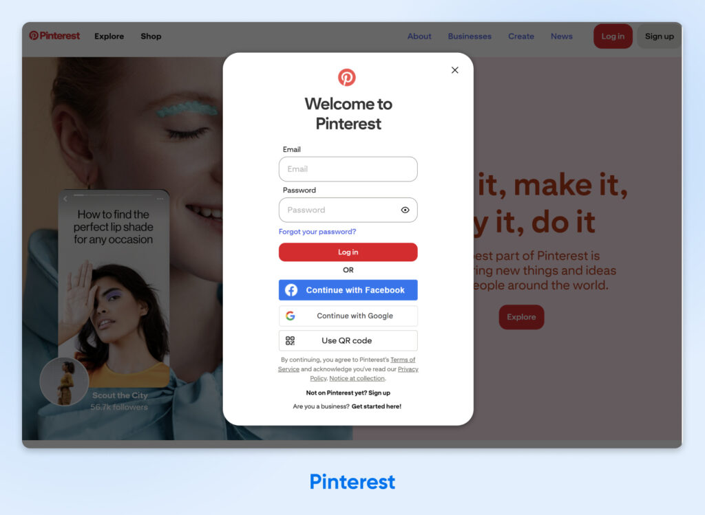 Página de inicio de sesión de Pinterest con opciones para acceder mediante correo electrónico, Facebook, Google, Apple o código QR.