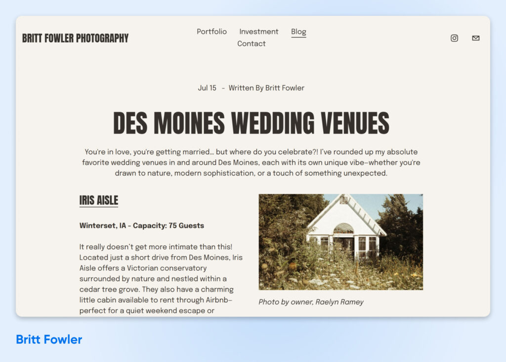 Britt Fowler — Fotógrafa de bodas que comparte guías y blogs, incluyendo los principales lugares de Des Moines con consejos e ideas personales.