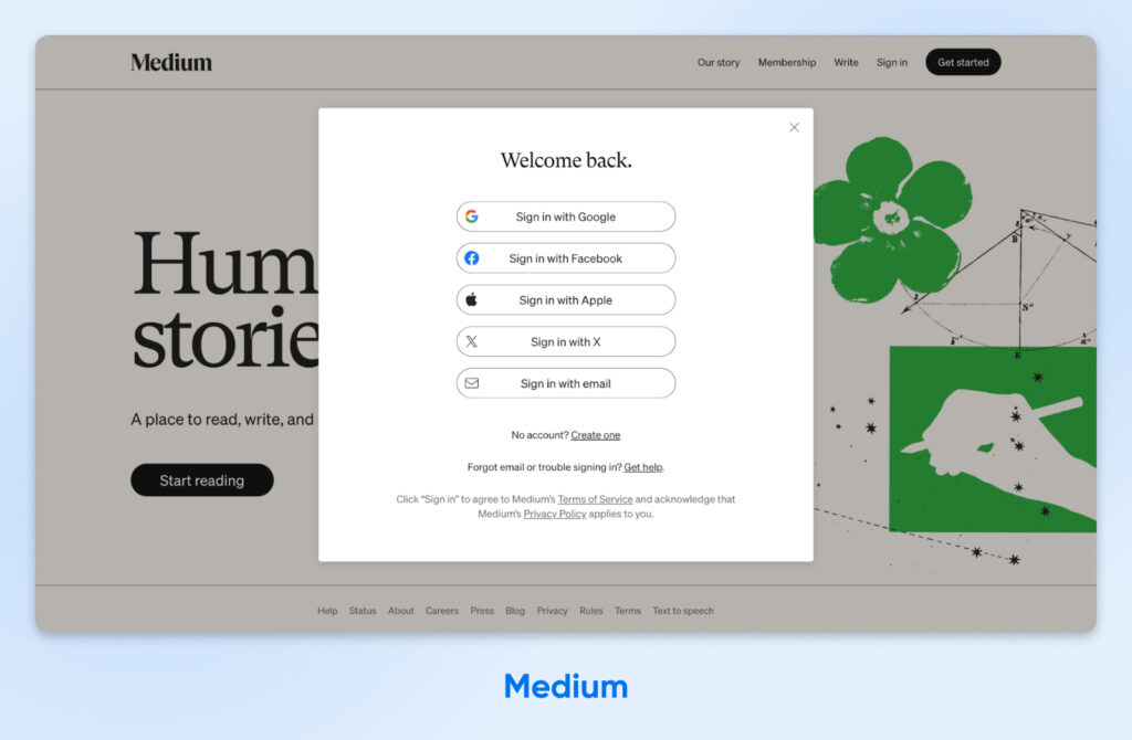 Página de inicio de sesión de Medium con opciones para acceder mediante Google, Facebook, Apple, correo electrónico o SSO.